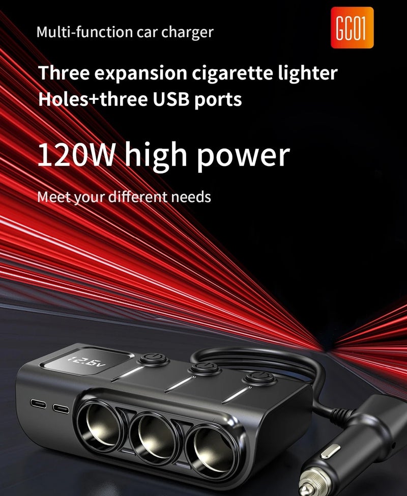 Bluejw Fast 3-Port USB Car Charger Adapter - 120W QC 3.0 PD 3A Cigarette Lighter Splitter - 12V Automobile Chargers with 3 Sockets - Image 3